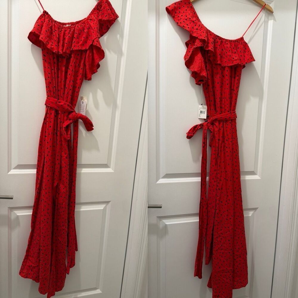 Billabong X Sincerely Jules Your Side Red Print Ruffled One-Shoulder Maxi Dress - Picture 5 of 9